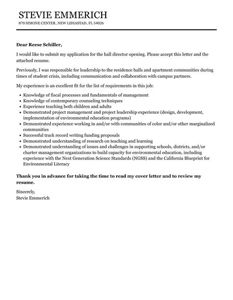 Hall Director Cover Letter Velvet Jobs