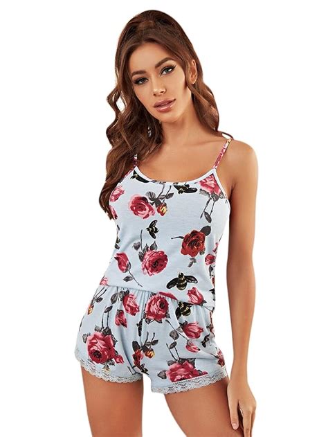 Buy Shein Womens Floral Sleeveless Cami Top And Lace Trim Shorts Two