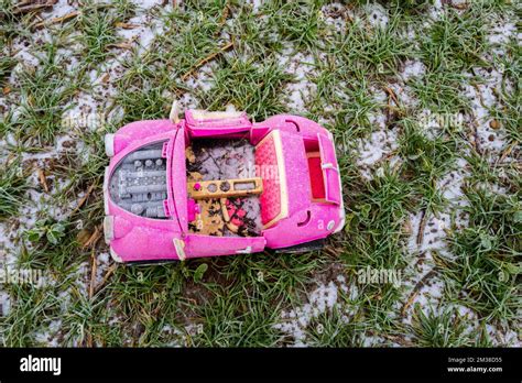 Pink Retro Convertible Plastic Toy Car For 18 Inch Dolls By Og Girl Dumped In A Field On A Cold