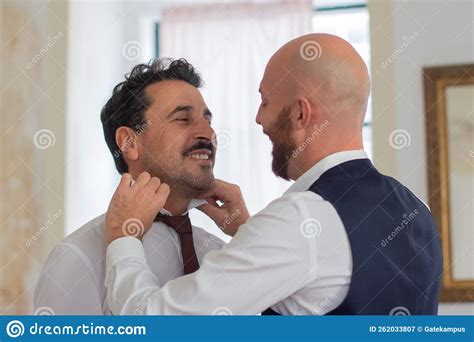 Happy Gay Tying Partners Tie In Hotel Room Stock Image Image Of Horizontal Concept