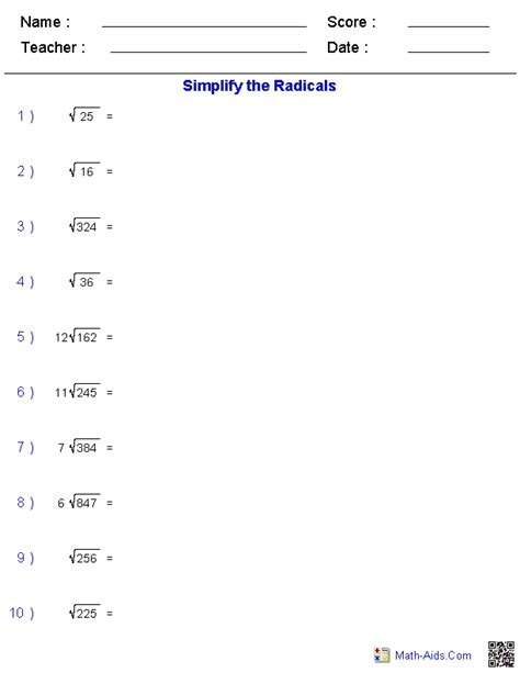 Simplifying Radicals Worksheet Geometry