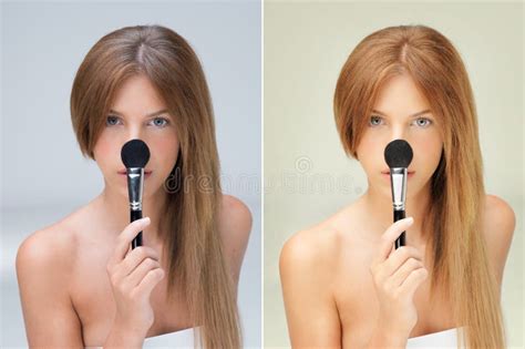 La Femme Blonde Avec Rougissent Balai Sur Son Nez Photo Stock Image Du Visage Cheveu
