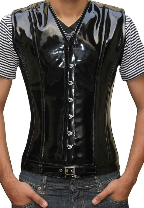 Men PVC Corset Vest Lace Up Steel Boned Bluff Gay Club Waist Cincher
