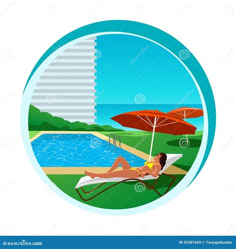 Mujer Joven Atractiva En Bikini Amarillo Por La Piscina Ilustración del Vector Ilustración de
