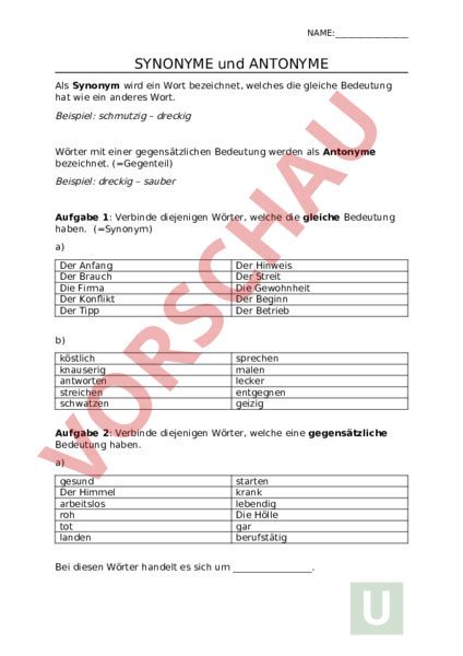 Arbeitsblatt Synonyme Antonyme Deutsch Wortschatz