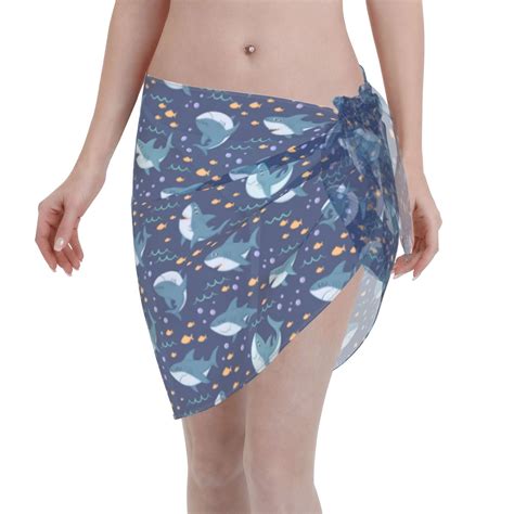 Adobk Women Beach Sarong Bathing Suit Cartoon Sharks Print Wrap Skirt Sheer Bikini Swimsuit