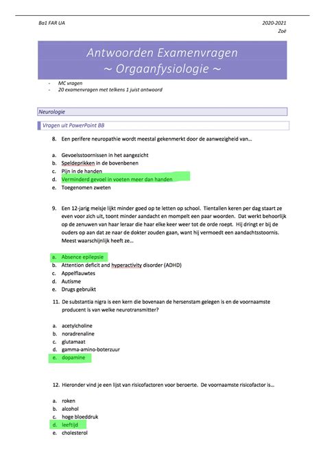 Samenvatting ANTWOORDEN EXAMENVRAGEN ORGAANFYSIOLOGIE