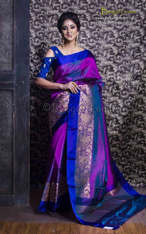 Pure Katan Silk Banarasi Saree In Purple And Blue Stylish Sarees Modern Saree Wedding Saree