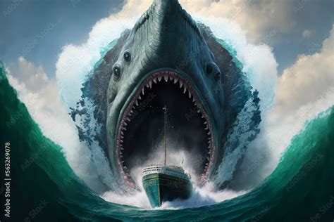 Giant Deep Sea Megalodon Shark Monster Eating An Ocean Cruiser Ship