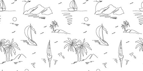 Summer Sailing Seamless Pattern In One Line Drawing Style Vector Black