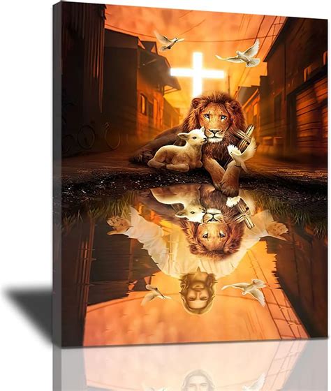 Buy Mountflow Jesus Lion King And Lamb Cross Decor Canvas Wallart Christ Inspirational Artwork