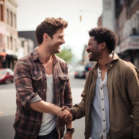 A Beautiful Interracial Gay Couple Holding Hands And Smiling Premium Ai Generated Image