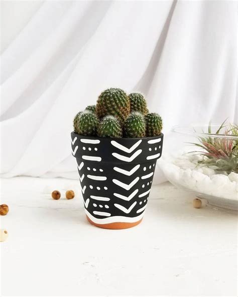 Hand Painted Terra Cotta Pot Black And White Painted Plant Etsy