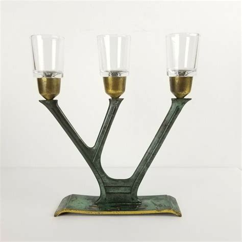 Vintage Candle Holder Candlestick Jewish 3 Brass Glass Israel