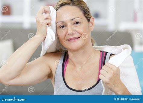 Mature Woman After Exercising With Towel Stock Image Image Of Hobbies Shirt