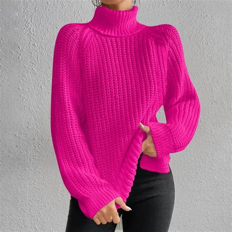 Itsame Womens Turtleneck Sweaters Basic Knitted Long Sleeve Solid Color Basic Sweaters Hot Pink