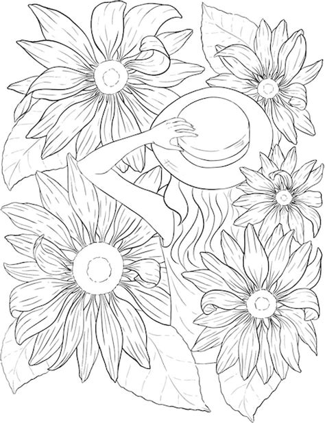 Premium Vector Girl In The Sunflowers Outline Vector