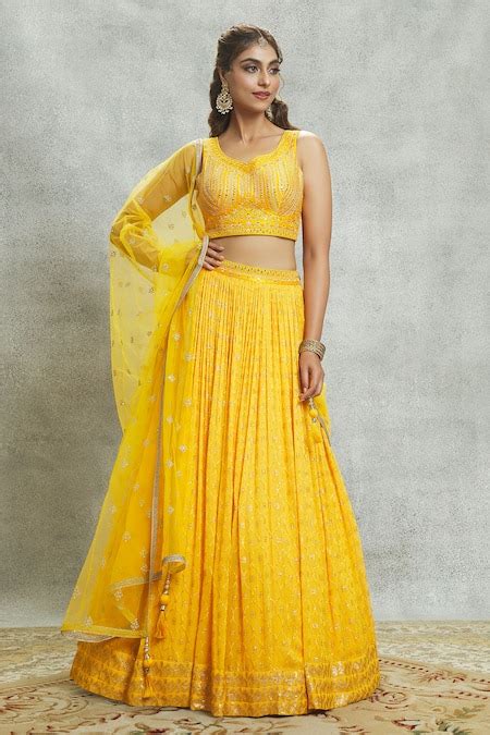 Buy Yellow Lehenga Georgette Embroidered Mirror Leaf Sequin Embellished