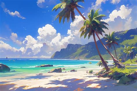 Illustration Beautiful Beach Scene With Palm Trees And A Clear Blue