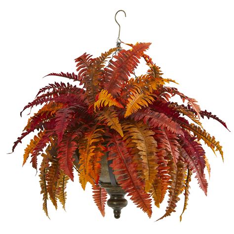 28” Autumn Boston Fern Artificial Plant In Hanging Metal Bowl Hanging