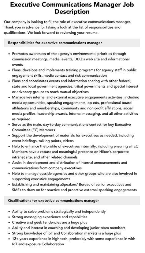 Executive Communications Manager Job Description Velvet Jobs