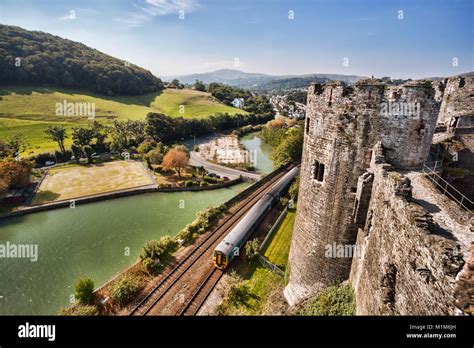 Famous Conwy Castle In Wales With Train United Kingdom Series Of