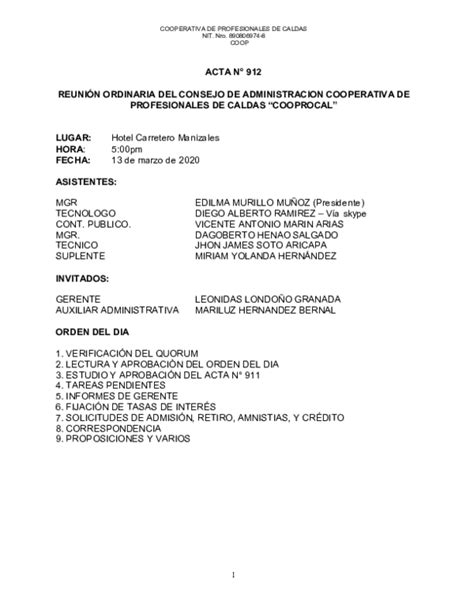 Pdf Acta N° 912 ReuniÓn Ordinaria Del Consejo De Administracion