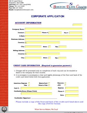 Fillable Online CORPORATE APPLICATION Boston Elite Coach Fax Email