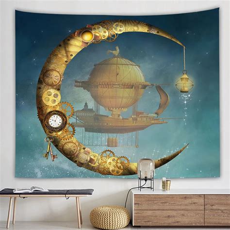 Steampunk Tapestry Retro Airship Fantasy Wall Hanging Old Air Vessel