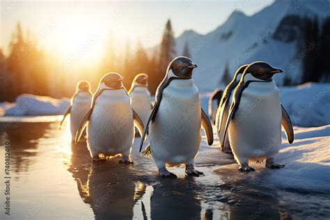 Frosty Fellowship Discover The Adorable Charm Of Penguins Stock Photo