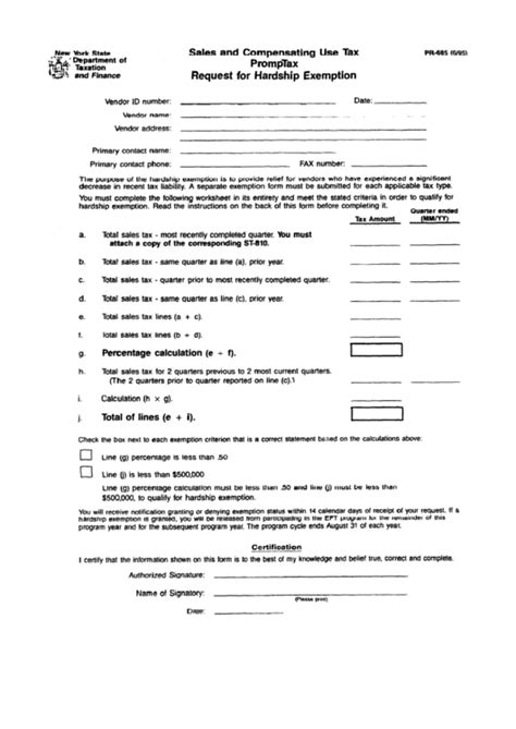 Fillable Form Pr 685 Request For Hardship Exemption Printable Pdf