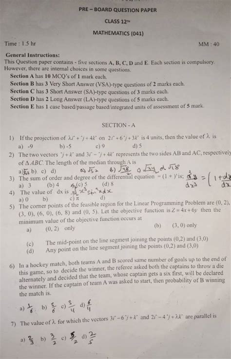 PRE BOARD QUESTION PAPER CLASS 12rH MATHEMATICS 041 Time 1 5hr MM