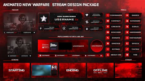 Animated New Warfare Twitch Overlay Package For Streamers Dark Modern Black Red Webcam Screens