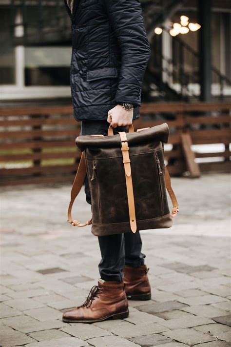 Leather Backpack Roll Top Backpack By Kruk Garage Black Etsy Mens