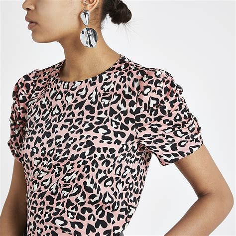 Pink Leopard Print Puff Sleeve T Shirt River Island