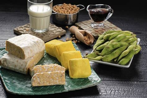 Premium Photo Soy Product Raw Tofu Tempeh Soy Milk Soy Sauce And