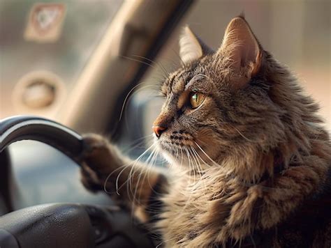 Cat Driving A Car Premium AI Generated Image