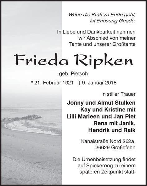 Traueranzeigen Von Frieda Ripken Nordwest Trauer De