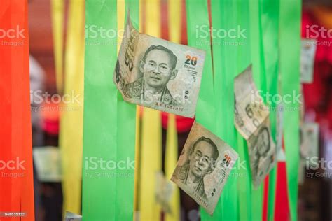 Donation Money Thai Banknotes Hanging On Rope Donated By Visitors At