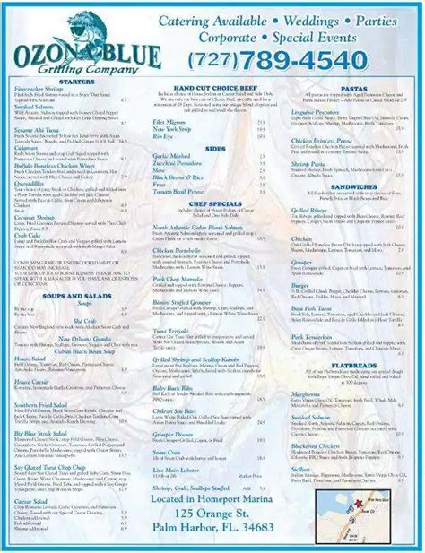 Menu at Ozona Blue Grilling Company restaurant, Palm Harbor