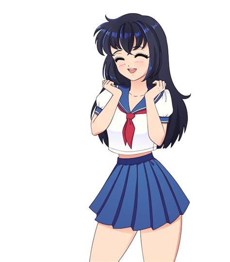 Sonriente Chica Anime Manga Con Cabello Oscuro Vistiendo Uniforme