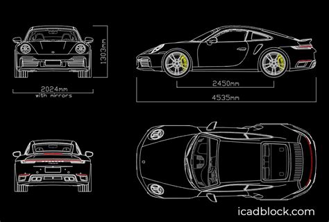 Porsche 911 blueprint , Turbo S model, in DWG - iCADBLOCK