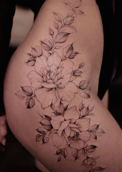 Flower Side Thigh Tattoos For Females