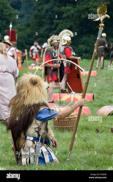 The Roman Legion Army Marching Into Battle At A Reenactment Stock Photo