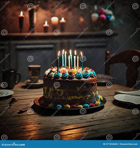 Birthday Cake With Lit Candles On The Table Generative Ai Stock