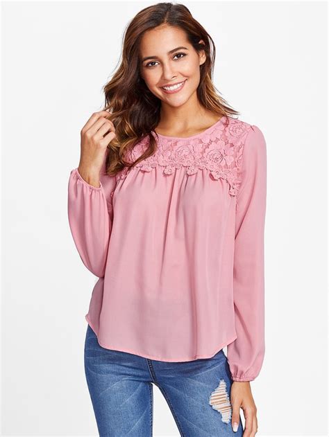 Romwe Lace Yoke Applique Detail Curved Hem Blousel Hem Blouse