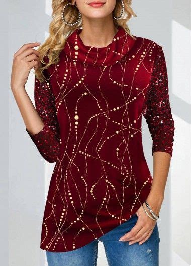 Plus Size Tops For Women Rotita Plus Size Sequin Wine Red Cowl Neck