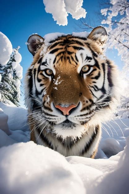 Vue D Un Tigre Sauvage Avec De La Neige Photo Gratuite