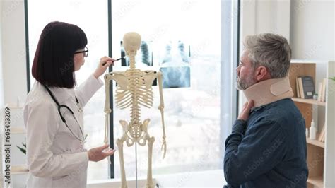 Focused Brunette With Stethoscope Indicating On Human Skeleton While