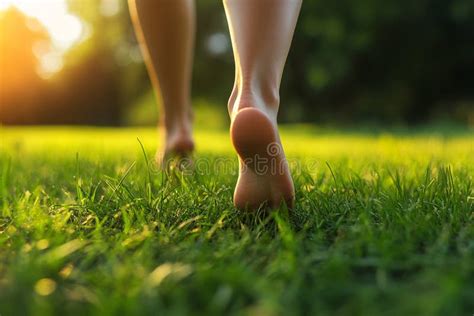 Close Up Of Woman S Bare Feet Walking Over Grass Stock Illustration